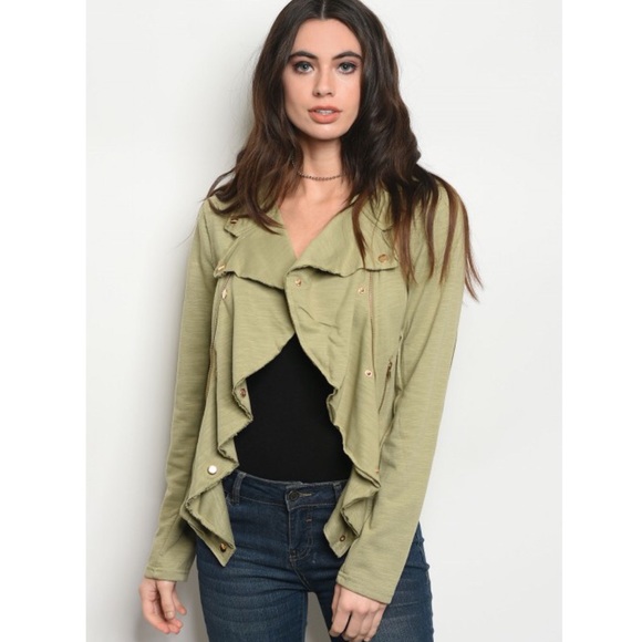 Olive Moto Style Ruffle Cotton Blend Jacket - Picture 1 of 7